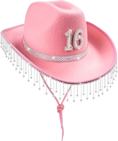 16th Birthday Pink Cowboy Hat- Sweet 16th Birth Day Decorations Gifts for Girls Cowgirl Hats with with Rhinestones Wide Brime Outfit in Kuwait
