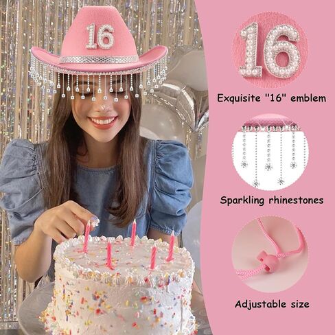 16th Birthday Pink Cowboy Hat- Sweet 16th Birth Day Decorations Gifts for Girls Cowgirl Hats with with Rhinestones Wide Brime Outfit in Kuwait