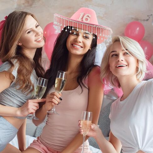 16th Birthday Pink Cowboy Hat- Sweet 16th Birth Day Decorations Gifts for Girls Cowgirl Hats with with Rhinestones Wide Brime Outfit in Kuwait