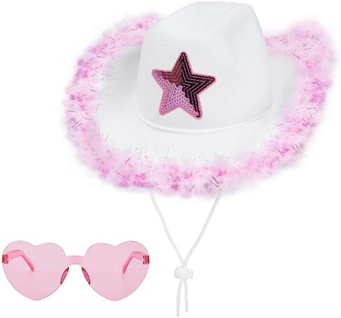 azuza Cowboy Hat with feathers With Heart Shaped Sunglasses for Women, Felt Cowgirl Hat for Party Costume Dress Up in Kuwait