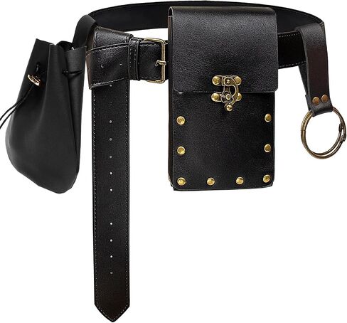 Steampunk Fashion Waist Bag Fanny Pack Belt Pouch Phone Purse Festival Medieval Renaissance Costume Retro Cosplay Accessory (2P-Black) in Kuwait
