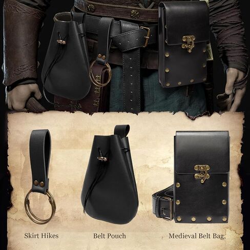 Steampunk Fashion Waist Bag Fanny Pack Belt Pouch Phone Purse Festival Medieval Renaissance Costume Retro Cosplay Accessory (2P-Black) in Kuwait