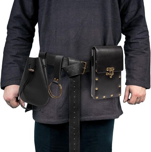 Steampunk Fashion Waist Bag Fanny Pack Belt Pouch Phone Purse Festival Medieval Renaissance Costume Retro Cosplay Accessory (2P-Black) in Kuwait