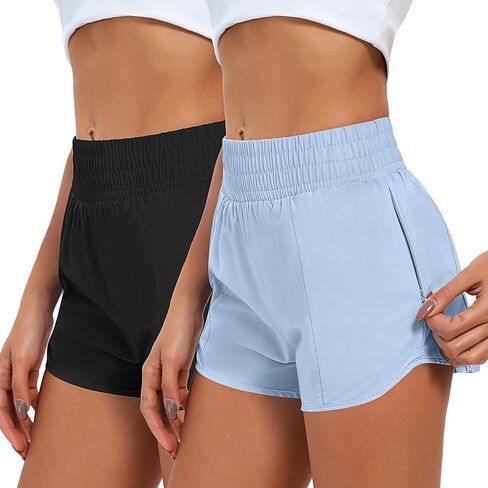 2 Pcs Women's Running Shorts Quick Dry Athletic Shorts Elastic Waisted Workout Shorts with Liner Zipped Pocket in Saudi Arabia