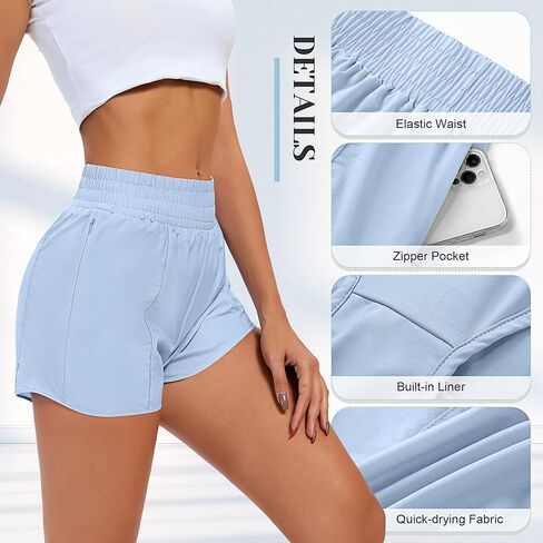 2 Pcs Women's Running Shorts Quick Dry Athletic Shorts Elastic Waisted Workout Shorts with Liner Zipped Pocket in Saudi Arabia