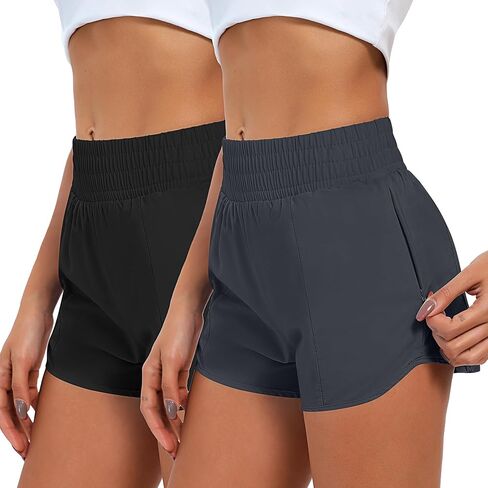 2 Pcs Women's Running Shorts Quick Dry Athletic Shorts Elastic Waisted Workout Shorts with Liner Zipped Pocket in Saudi Arabia