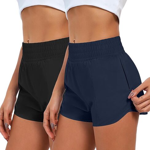 2 Pcs Women's Running Shorts Quick Dry Athletic Shorts Elastic Waisted Workout Shorts with Liner Zipped Pocket in Saudi Arabia