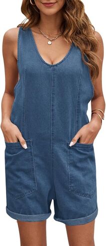 المرأة عالية الأسطوانة شورت الدنيم رومبير عادية أكمام فضفاضة الجينز وزرة السراويل حللا مع جيوب in Kuwait