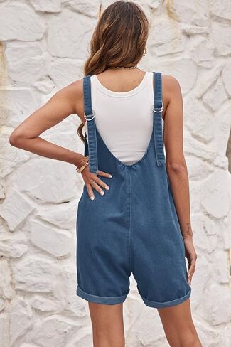 المرأة عالية الأسطوانة شورت الدنيم رومبير عادية أكمام فضفاضة الجينز وزرة السراويل حللا مع جيوب in Kuwait