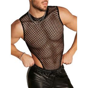 WDIRARA Men's Fishnet Mesh Mock Neck Vest Top Sleeveless Sheer Party Tank Tops Bodysuit