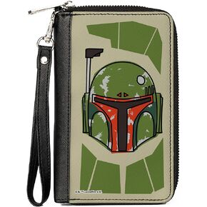 Buckle-Down Star Wars Wallet, Zip Around, Star Wars Boba Fett Helmet Bounding Greens, Vegan Leather