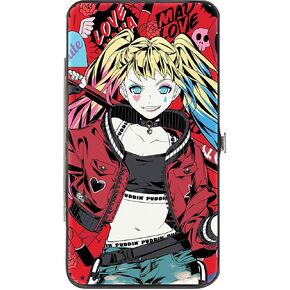 DC Comics Wallet, Hinged, Harley Quinn Pudding Anime Poses and Icons Collage Red Black, Vegan Leather