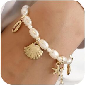 Shell Ankle Bracelet Set for Women, 14K Gold Boho Bead Adjustable Anklet, Hawaiian Beach Seashell Pearl Heart Starfish Conch Foot Jewelry Gifts
