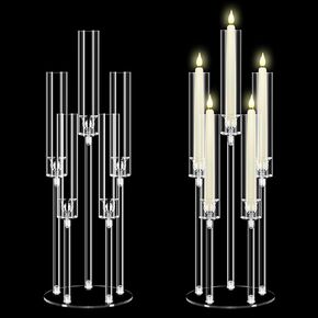 2Pcs Acrylic Candelabra Centerpieces for Wedding Table Decorations,Clear 5 Arms Candlesticks Holder with Acrylic Shade for Valentine's Day Dinner Party Fireplace Gift Fit LED Candle