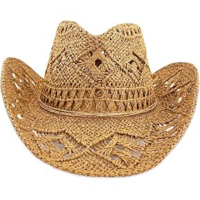 Women Straw Cowboy Hats, Sparkly Western Cowgirl Hat for Holiday, Foldable Vacation Beach Sun Hat with Wide Brim for Summer