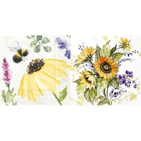 Boston International IHR Paper Napkins, 20-Count Cocktail, Summer Bees Cream and Sunflower Bunch Prints