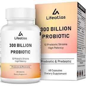 Lifeatlas 300 Billion CFU Probiotics - Probiotics for Women and Men - 12 Probiotic Strains Plus 3 Organic Prebiotic, Probiotics for Digestive Health, Gut & Immune Health, Gas & Bloating, 120 Capsules
