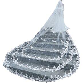 Wedding Veils Long for Brides 2 Tier Triple Lace Edge Long Blusher with Comb
