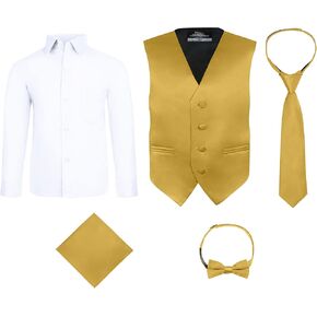 S.H. Churchill & Co. Boys Gold 5 Piece Vest Set with White Dress Shirt - Includes Bow Tie, Long Tie, Pocket Hanky - Size 14