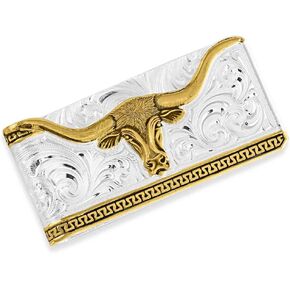 Montana Silversmiths Western Themed Money Clip, Made In USA (Two-Tone Carved Longhorn)