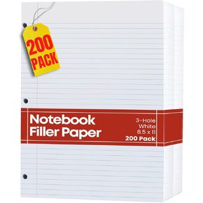 1InTheOffice Notebook Paper for 3-Ring Binders 8.5 x 11, 3 Hole Punch Filler Paper, Letter Size, (200 Sheets)