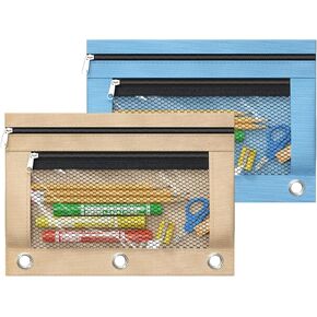 2 Pack Pencil Pouch for 3 Ring Binder,Binder Pencil Pouch with Zipper,Double Pocket Pencil Case with Clear Window,Big Capacity Pencil Bags for Office School Supplies (Pink&Light Blue)