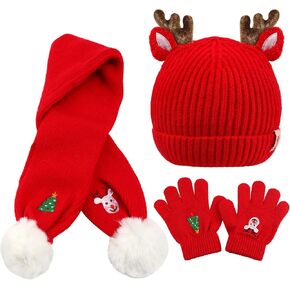 Christmas Beanie Hat Scarf Gloves Set for Kids, Winter Warm Set Xmas Tree Reindeer Hat Scarf Gloves for Toddler Boys Girls 1-8 Year
