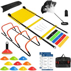 Agility Training Equipment Set,Soccer Training Equipment for Kids Adults,Football Speed Training Equipment with 20ft Agility Ladder,10 Soccer Cones,4 Hurdles,5 Resistance bands,1 Running Parachute