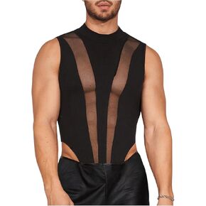 Floerns Men's Contrast Mesh Sleeveless Jumpsuit Mock Neck Club Bodysuit Leotard