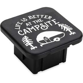 Camco Life Is Better at The Campsite Hitch Receiver Cover | Protects Your Trailer Hitch Receiver from Debris, Dirt, Water and Rust | Life is Better at The Campsite Sketch Logo, Black/Silver (53410)