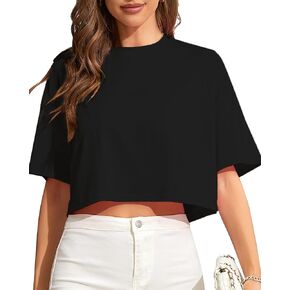 Womens Half Sleeve Drop Shoulder Round Neck Loose Fit Solid Color Crop Tops