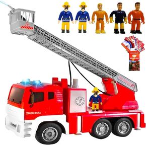 FUNERICA Fire Truck with Water Hose Pump, Flashing Lights, Siren Sounds, Extending Ladder, 5 Fireman, Firefighter Figures, Powered Firetruck Engine, Best Toy Gift for Toddlers, Kids, Boys, and Girls