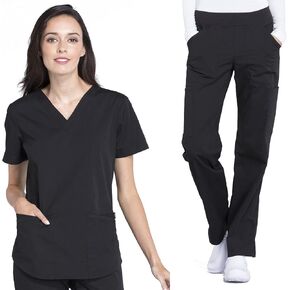 Women Scrubs Set Workwear Professionals WW665 V-Neck Top & WW170P Mid Rise Straight Leg Pull-on Cargo Pant, Black- M Top/M Petite Pant