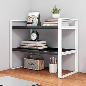 Desktop Organizer Shelf, 2-Tier Multipurpose Wood Office Desk Storage Rack,Small Computer Desk Bookshelf, Cubicle Decor Aesthetic Bookcase for Home Office (Black+White)