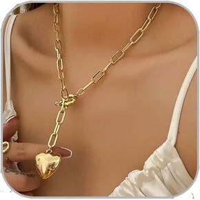 Link Chain Heart Necklace for Women Puffy Heart Necklace Y Shaped Necklace 14K Silver/Gold Plated Pendant Necklace Fashion Chunky Necklace Jewelry