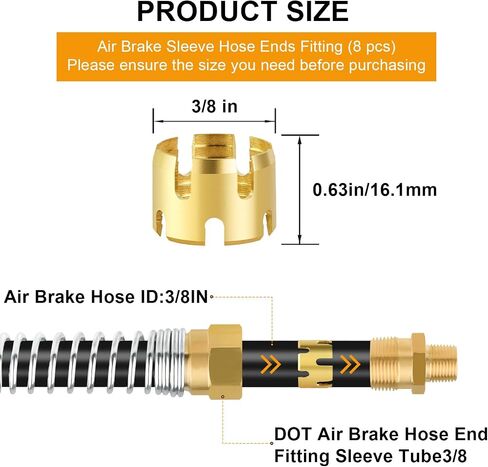 MuHize Air Brake Hose End Fitting - Upgraded 3/8 Air Hose Fittings, Brass Sleeve Tube for Hose End Connector, 3/8" Air Brake Hose End Fitting Repair Tube for Air Hose Braking System (Pack of 8) in Saudi Arabia