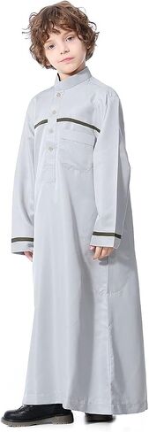 IMEKIS Kids Boys Muslim Thobe Long Sleeve Islamic Arabic Kaftan Robe Middle East Dubai Prayer Outfit with Pocket in Saudi Arabia