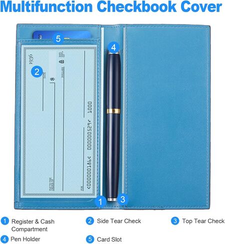 سجل دفتر شيكات CASMONAL مكون من 20 قطعة وغطاء دفتر شيكات جلدي فاخر (أزرق كاديت) مع شريط مطاطي in Kuwait