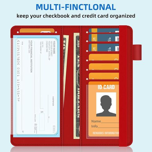 غطاء دفتر شيكات bvya للرجال والنساء مع حجب RFID، محافظ رفيعة مع حامل دفتر شيكات من الجلد المطبوع الفاخر مع حامل قلم ومقسم بلاستيكي شفاف مدمج للشيكات المكررة (أحمر) in Kuwait