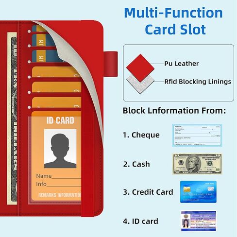 غطاء دفتر شيكات bvya للرجال والنساء مع حجب RFID، محافظ رفيعة مع حامل دفتر شيكات من الجلد المطبوع الفاخر مع حامل قلم ومقسم بلاستيكي شفاف مدمج للشيكات المكررة (أحمر) in Kuwait