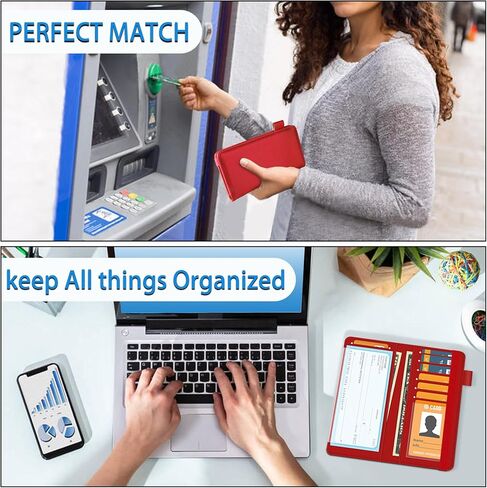 غطاء دفتر شيكات bvya للرجال والنساء مع حجب RFID، محافظ رفيعة مع حامل دفتر شيكات من الجلد المطبوع الفاخر مع حامل قلم ومقسم بلاستيكي شفاف مدمج للشيكات المكررة (أحمر) in Kuwait