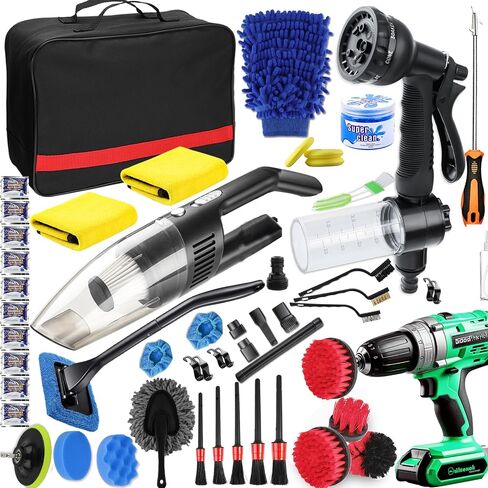 52PCS Car Wash Kit,Car Cleaning Kit with Foam Gun Sprayer High Power Handheld Vacuum Drill Brush, Car Wheel Brush for Car Cleaning Supplies Complete Interior Exterior Car Detailing kit Black in Saudi Arabia