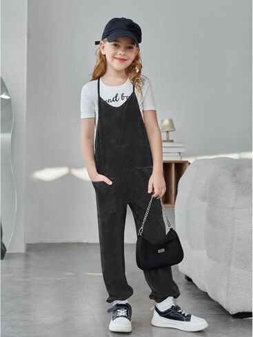 Girls' Casual Sleeveless Jumpsuits Spaghetti Strap Loose Overalls Pants Casual Long Jumper Romper with Pockets 8-12 in Saudi Arabia