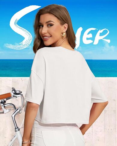 Womens Half Sleeve Drop Shoulder Round Neck Loose Fit Solid Color Crop Tops in Kuwait