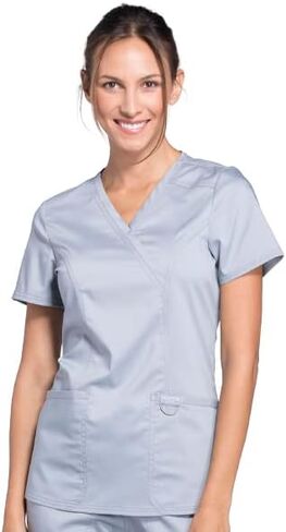 Cherokee Women Scrubs Set Workwear Revolution WW610 Mock Wrap Top & WW110 Mid Rise Straight Leg Pull-on Pant, Grey- XL Top/XL Pant in Saudi Arabia