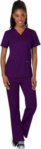 Cherokee Scrub Set For Women Modern Classic Fit 3 Pockets V-Neck Top WW620 with 5 Pockets Moderate Flare Leg Pant WW120, Eggplant - M Top/M Pant in Saudi Arabia