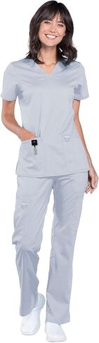Cherokee Scrub Set For Women Modern Classic Fit 3 Pockets V-Neck Top WW620 with 5 Pockets Moderate Flare Leg Pant WW120, Grey - XL Top/XL Pant in Saudi Arabia