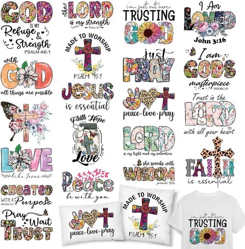 AnyDesign 20 Sheet Jesus Heat Transfer Vinyl Assorted Christ Iron on Patches Vinyl Colorful Pray Printed HTV Adhesive Craft Vinyl for Clothing Costume DIY Fabric Craft in Kuwait