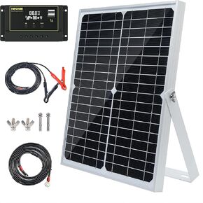 مجموعة الألواح الشمسية Topsolar 20 وات 12 فولت أحادية البلورية مع جهاز تحكم بالشحن الشمسي 10 أمبير + كابل تمديد مع مشابك بطارية ومحطة دائرية لنظام RV Marine Boat خارج الشبكة in Kuwait