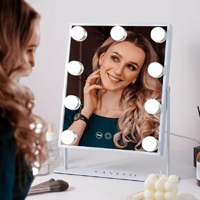 VANITII Vanity Mirror with Lights Hollywood Lighted Makeup Mirror with 9 Dimmable Bulbs Smart Touch Control 3 Colors Light for Bedroom, Detachable 10X Magnification, 360°Rotation